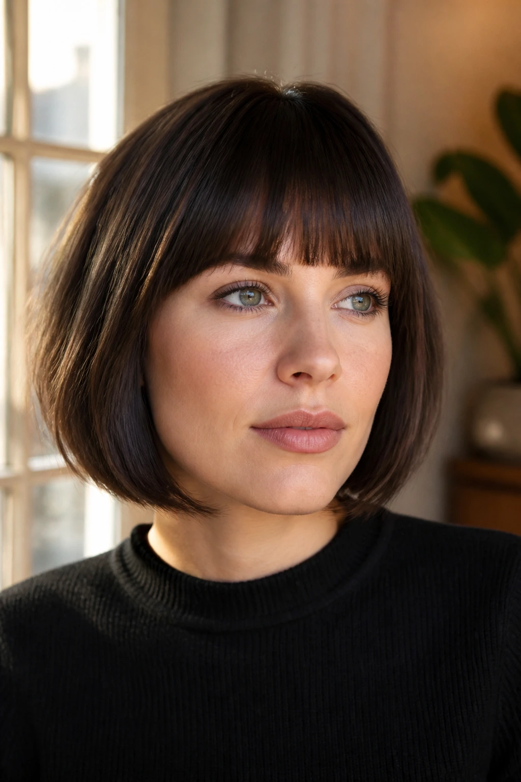 Close-up portrait of a real person with under-bevel bangs