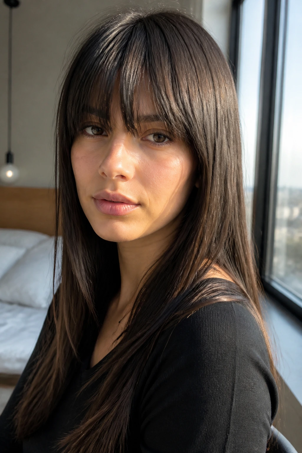 Close-up of a real woman with under-brow eye-glance bangs and straight hair