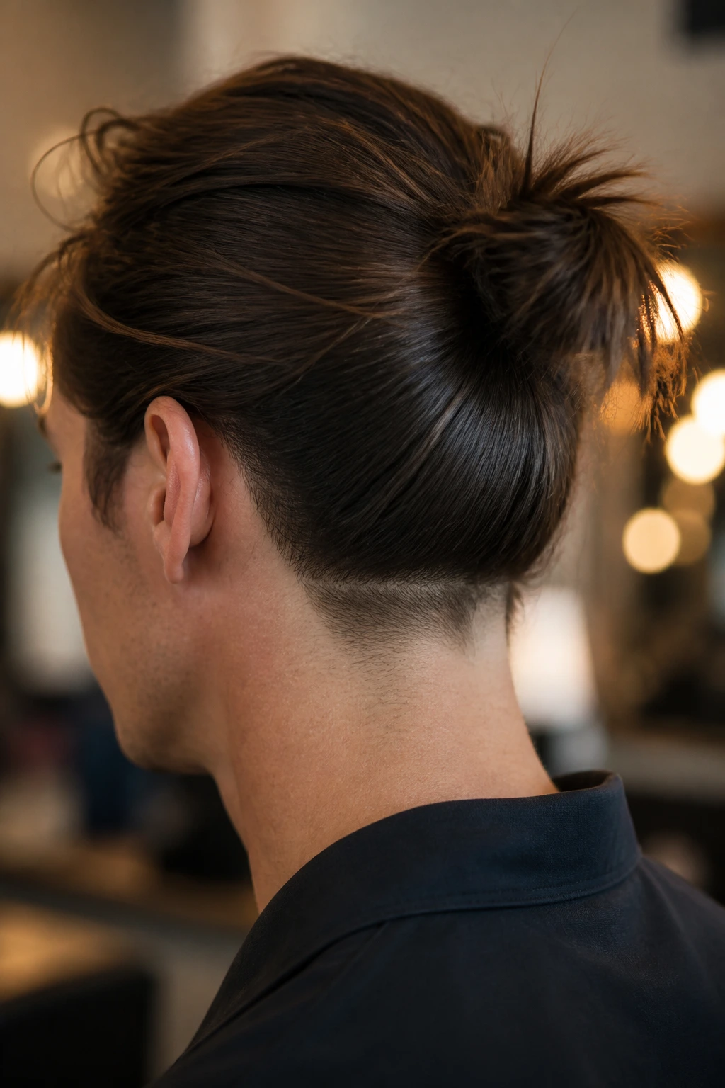 Portrait of a real person with a discreet low undercut hidden under hair at the nape.