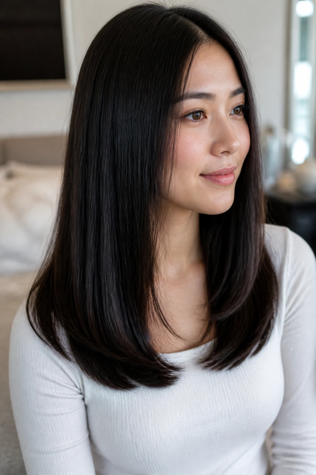Real woman with underbevel length haircut showing ends curved under