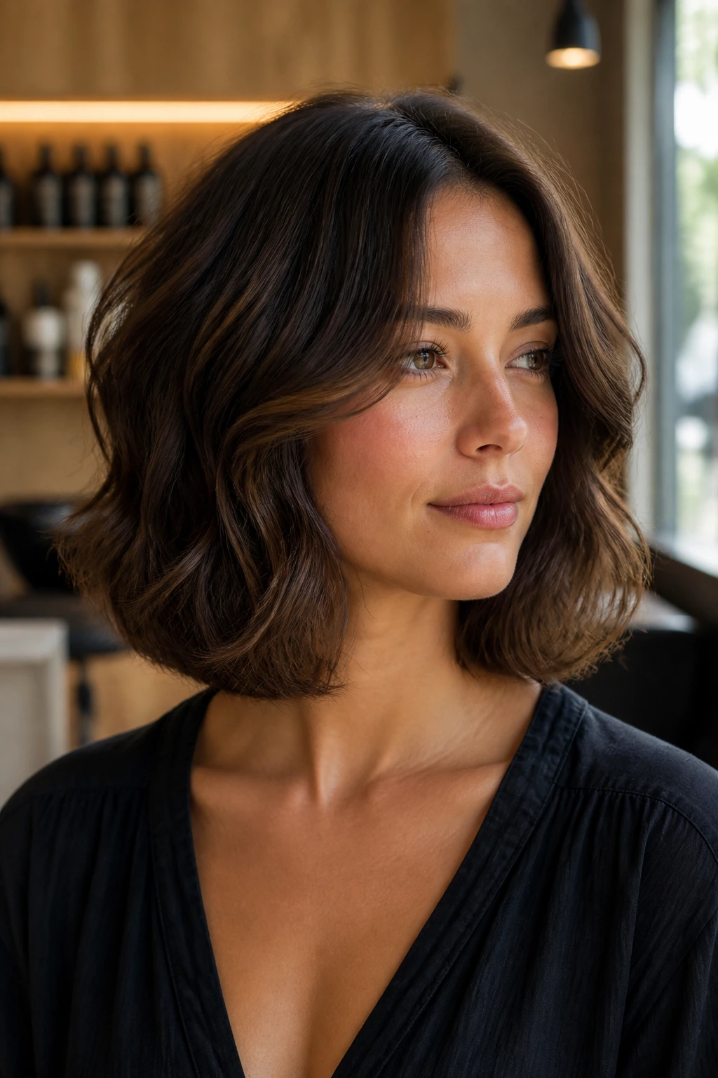 Close-up of a real woman with a subtle underbevel lob showing tucked ends.
