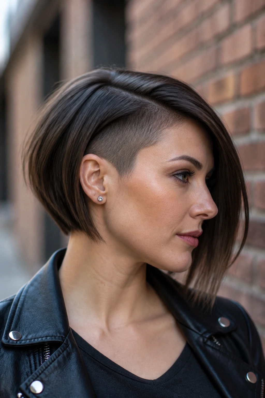 Profile portrait of a woman showing an undercut in an asymmetrical bob.