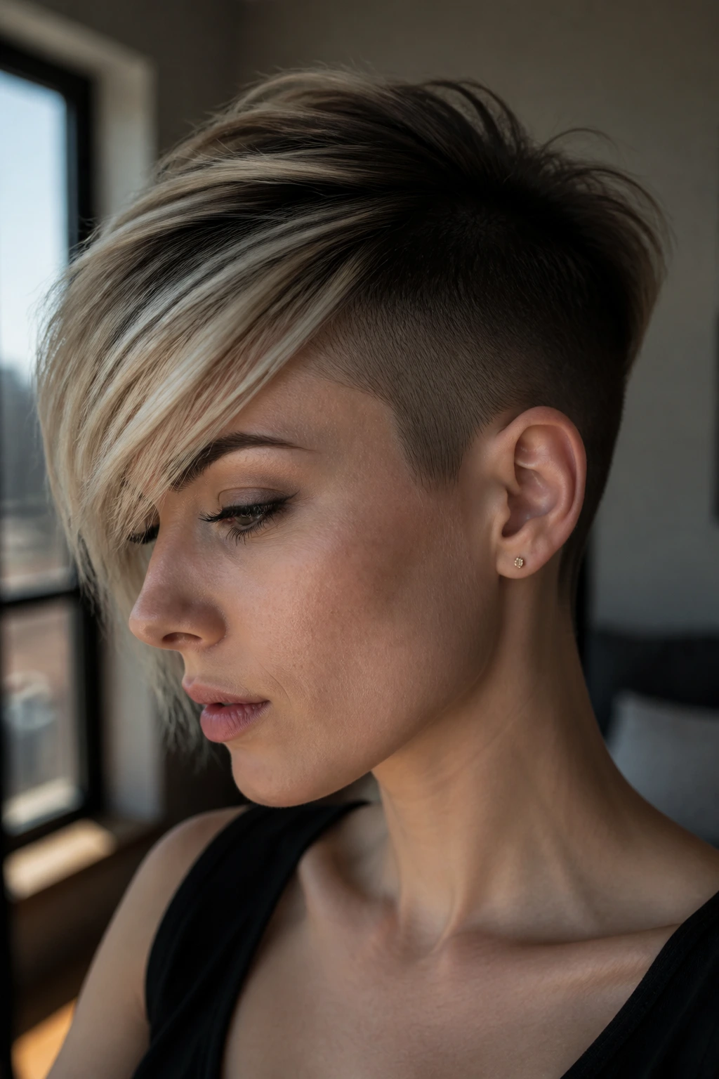 Side-profile of a person with undercut and swept bang