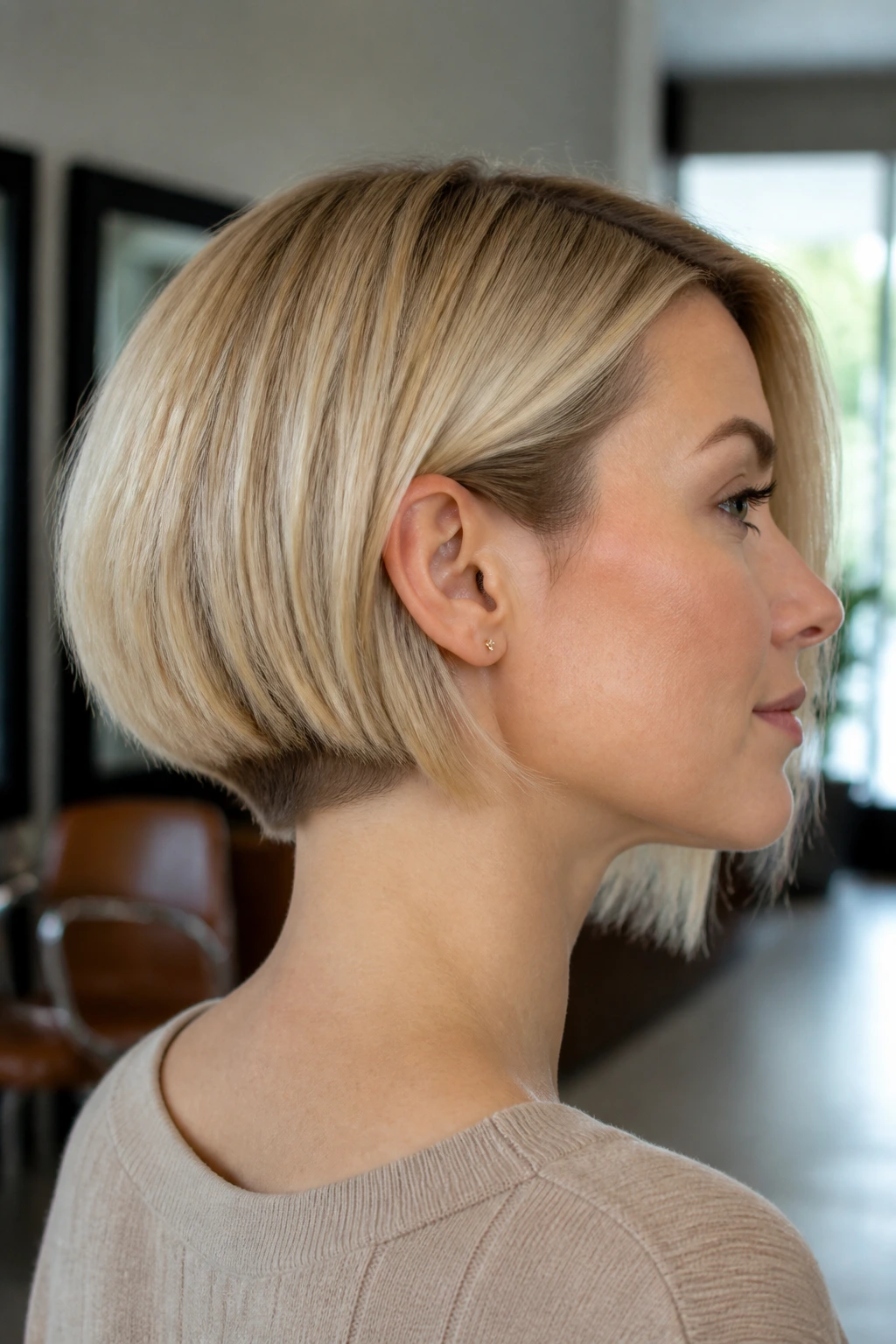 Close-up of a real woman with an undercut blonde bob showing a subtle nape undercut