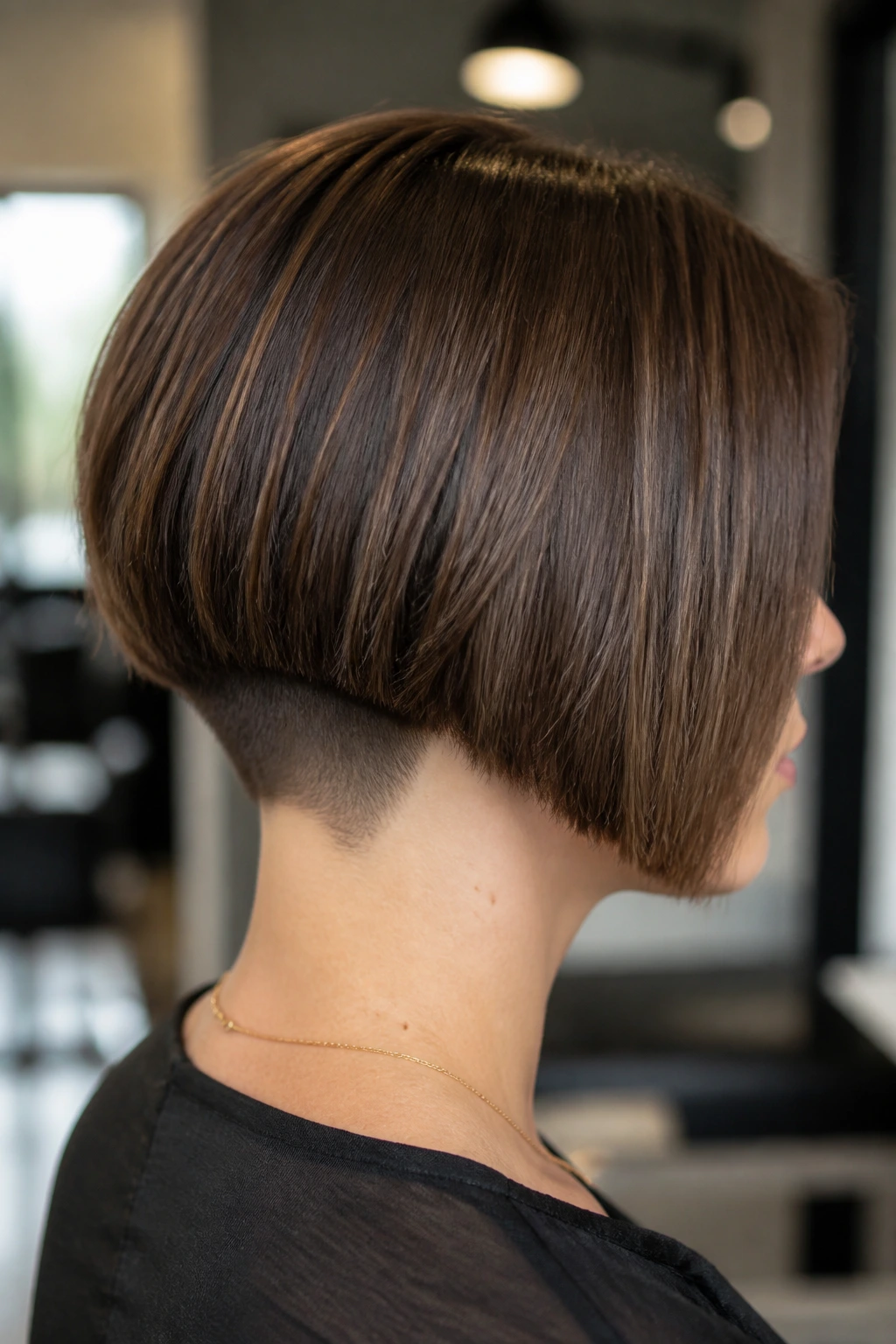 Real person with soft undercut blunt bob and hidden nape undercut.