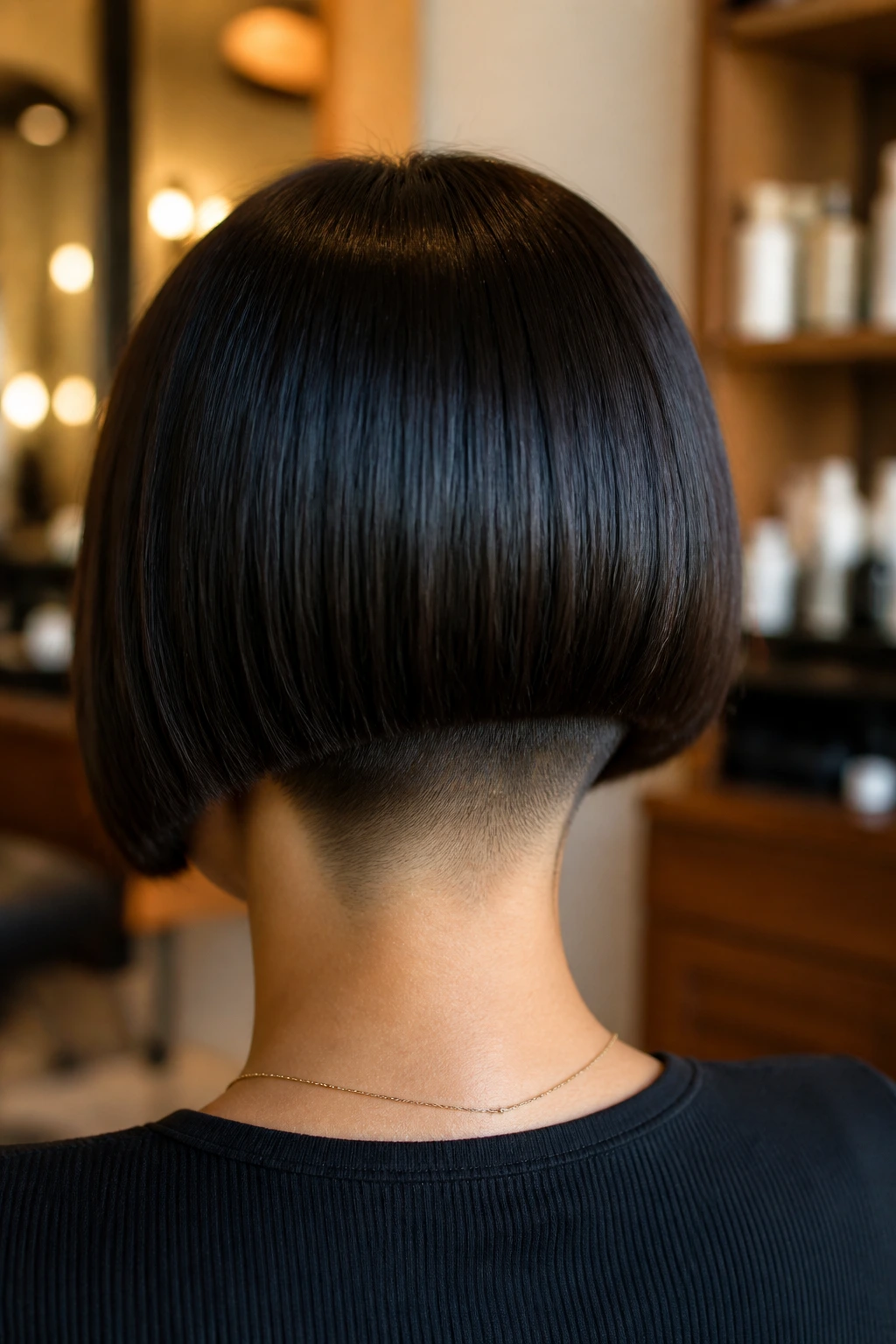 Back-of-head view of a real woman's hidden-undercut blunt bob showing blunt edge at nape