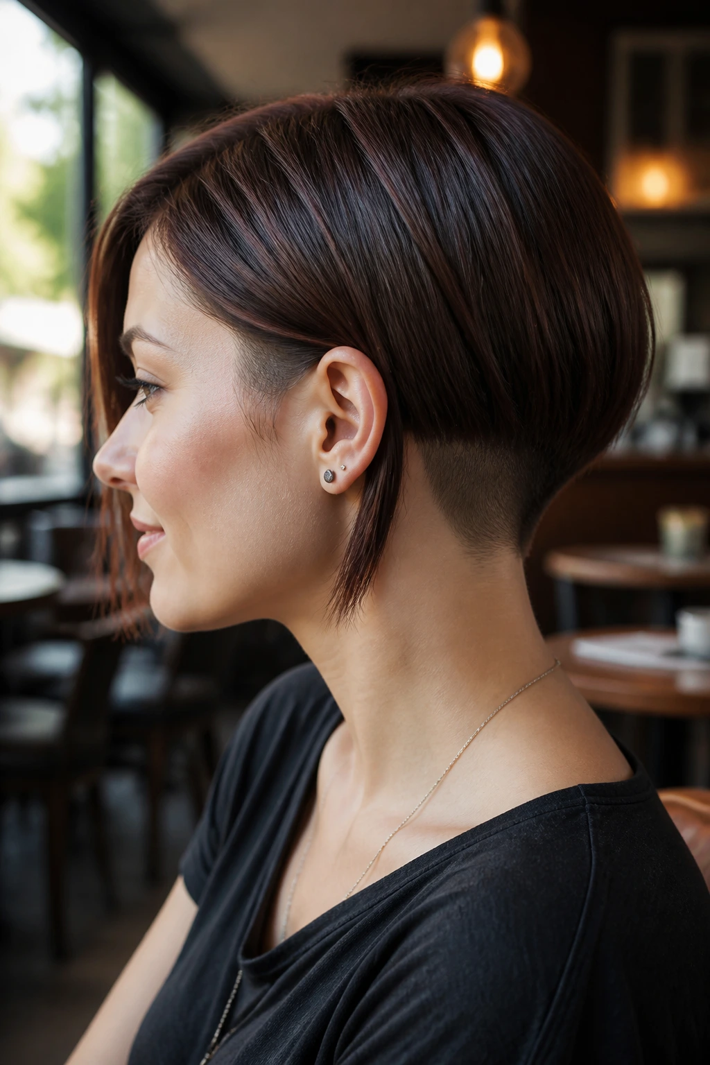 Real woman with an undercut bob visible at the nape in a warm cafe