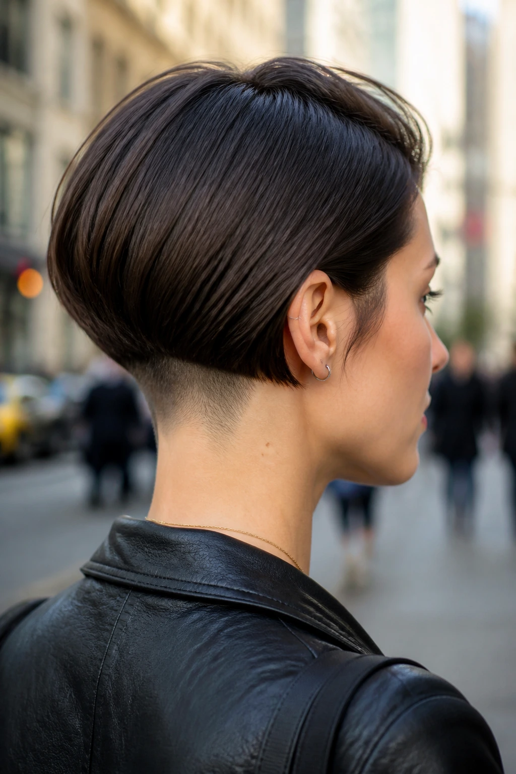 Close-up portrait of Undercut Bob hairstyle on a real woman with an undercut at the nape.