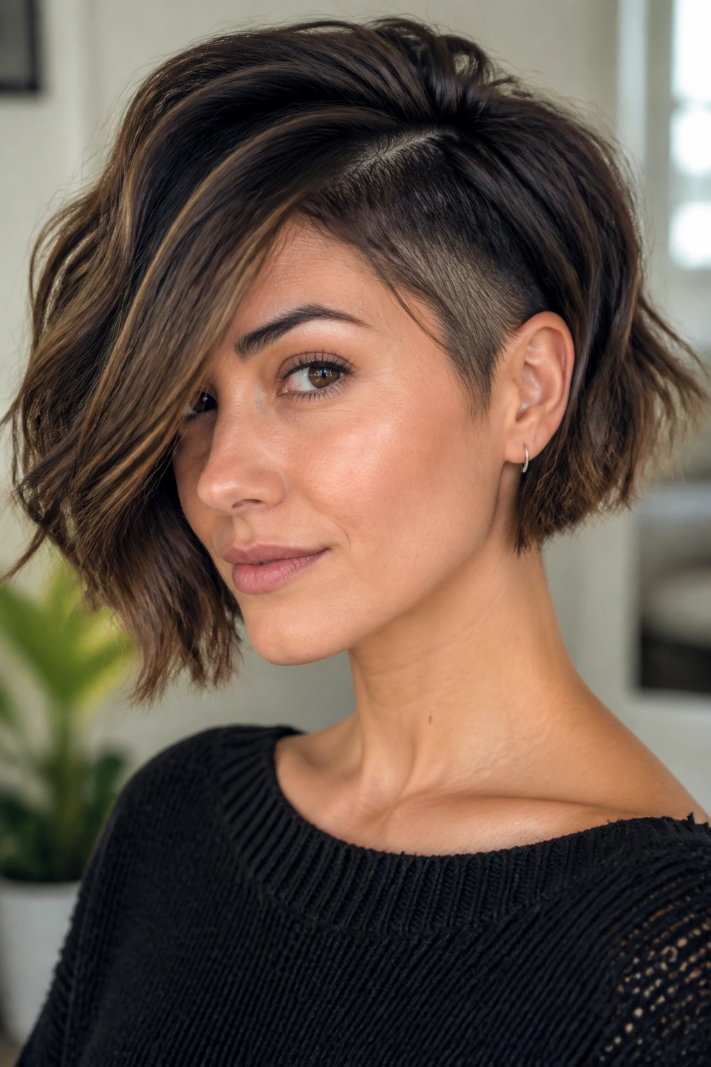Portrait of a real woman with a soft undercut bob and long fringe, natural light.
