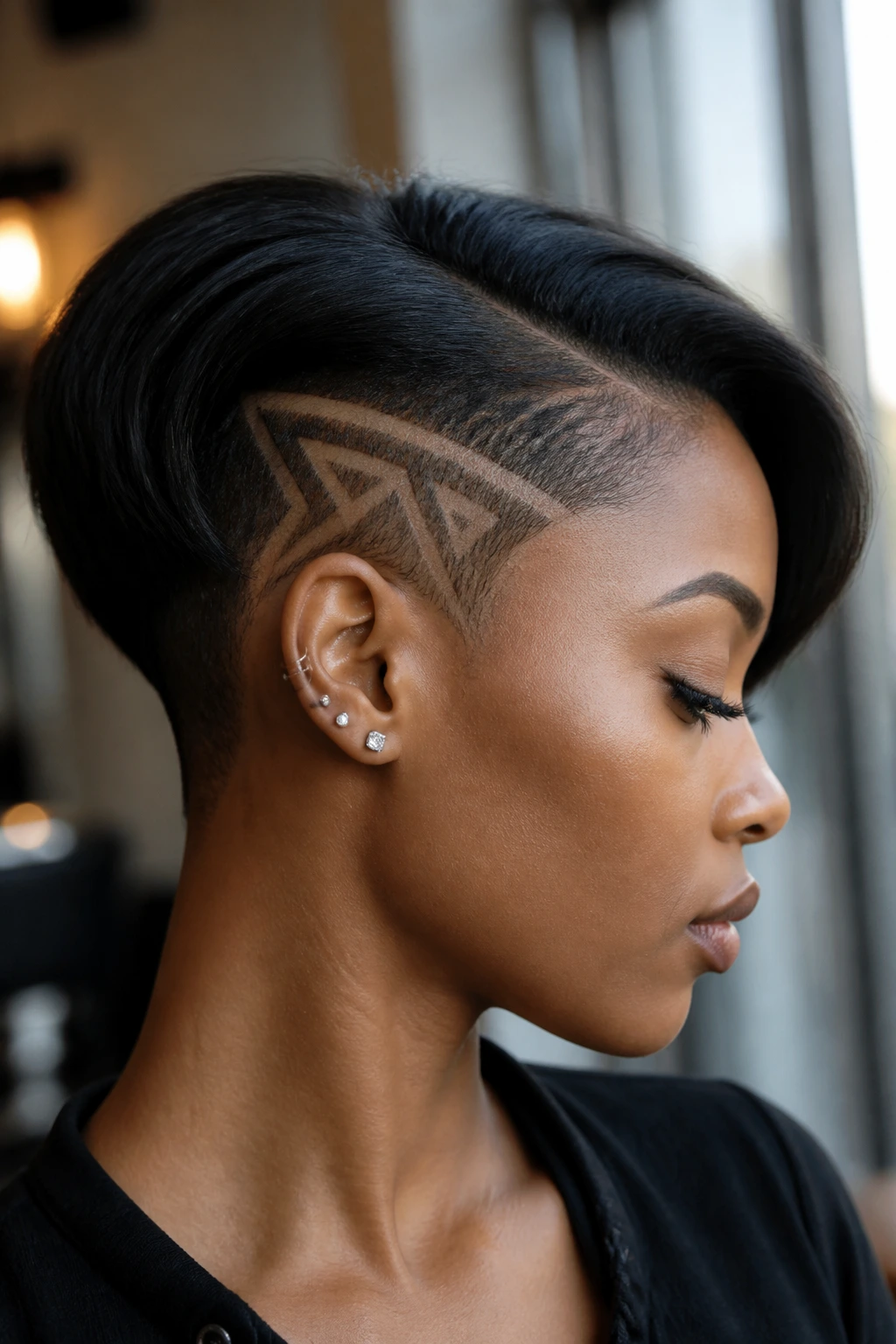 Portrait of real Black person with undercut bob and hidden geometric etching
