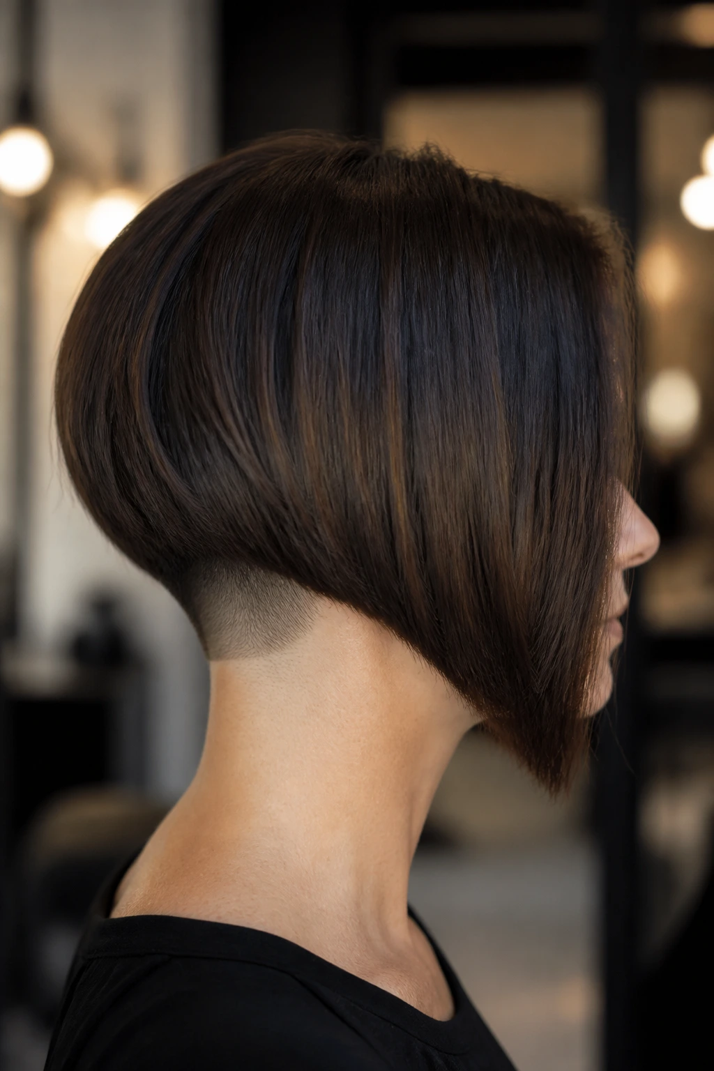 Side profile of a woman with blunt bob and visible undercut at the nape