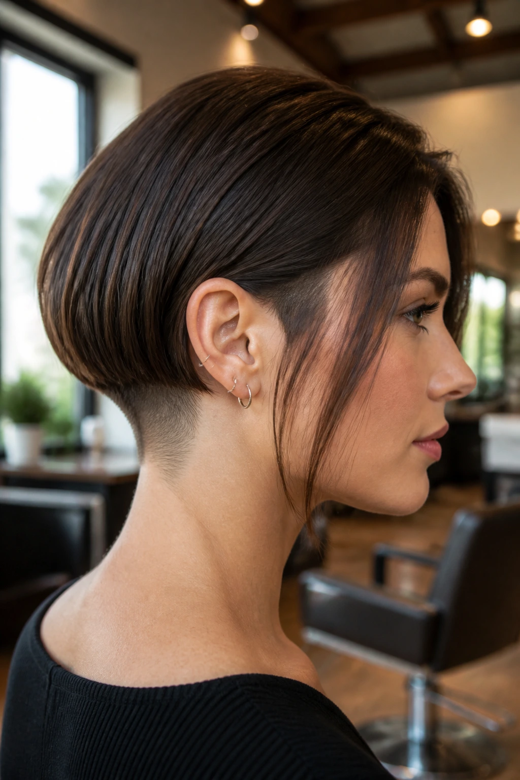 Real person with an undercut bob hairstyle in a salon setting
