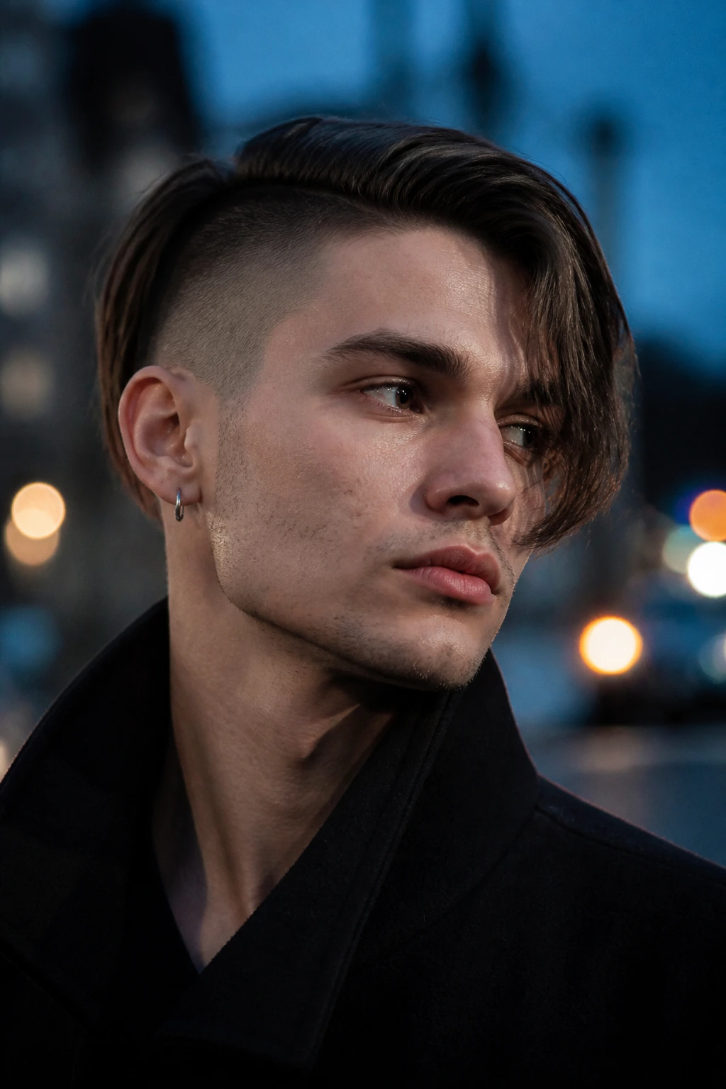Close-up portrait of a real man with undercut bob on city street at blue hour
