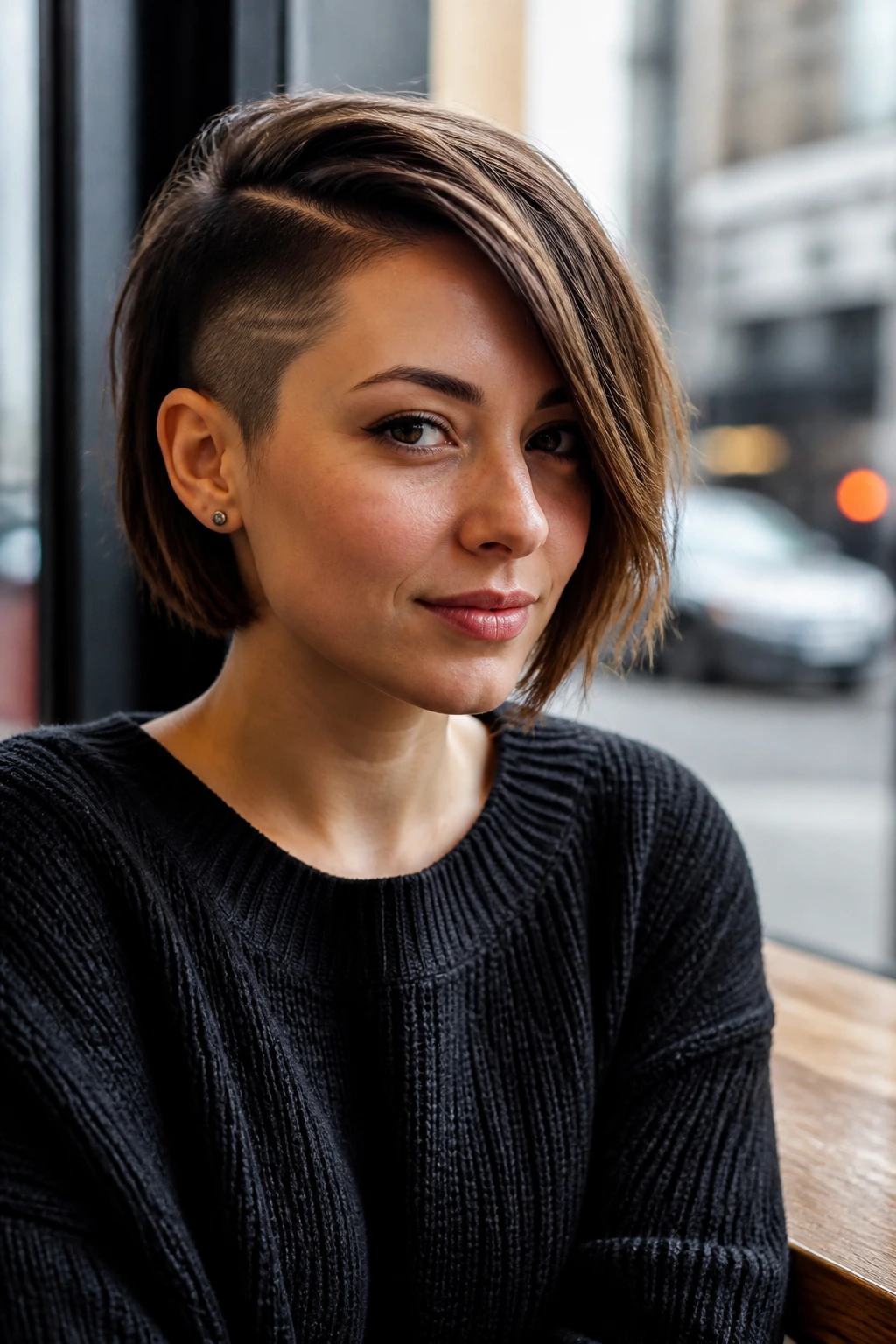 Portrait of a real woman with a side-swept undercut bob.