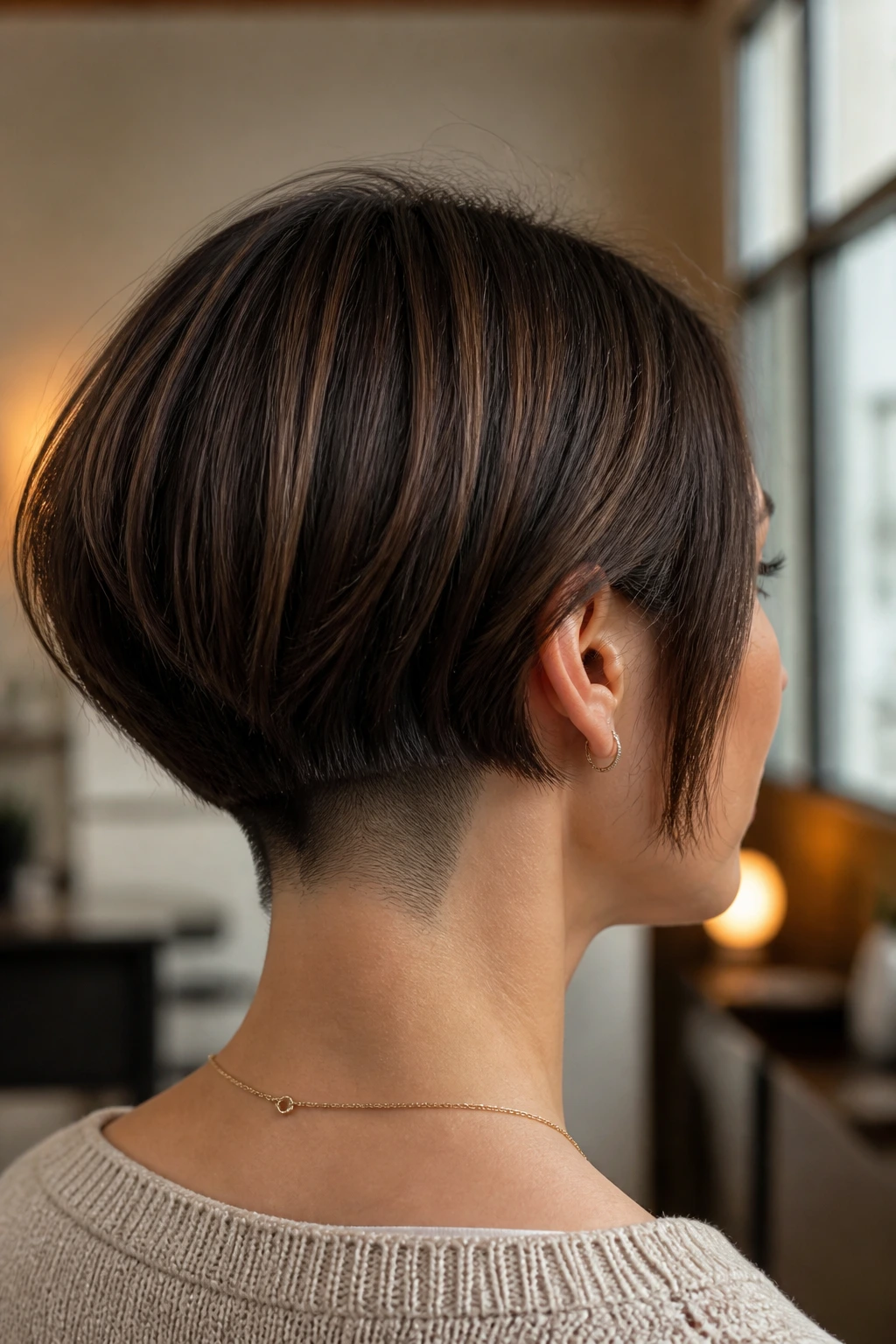Close-up of a real woman with an undercut bob showing the nape shaved area.