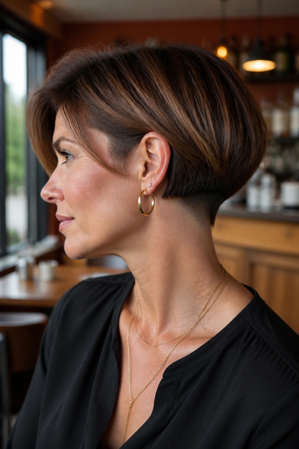 Close-up portrait of a real person showing an undercut at the nape with top bob length.