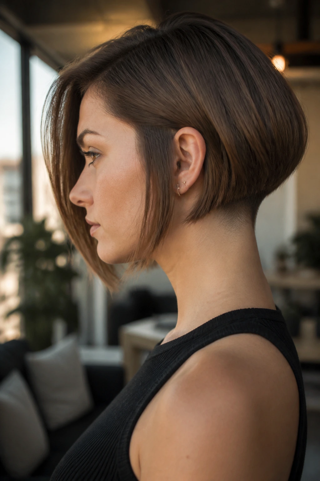 Side-profile of a woman with an undercut bob exposing the nape undercut