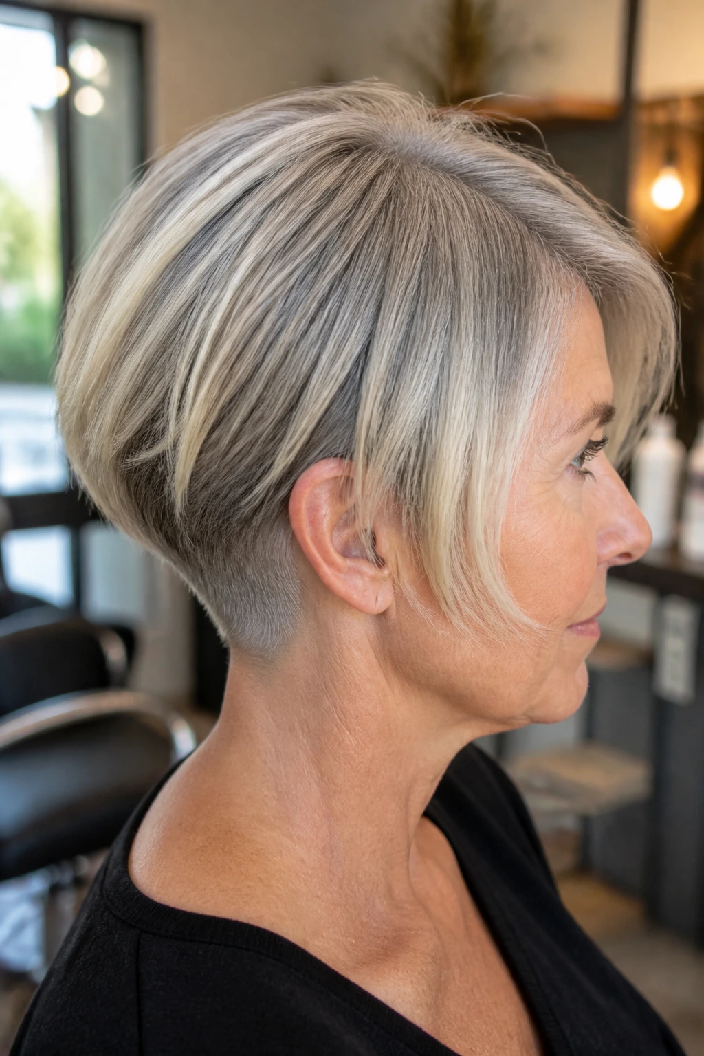 Close-up of a real woman with an undercut bob showing a subtle nape undercut in warm salon light.