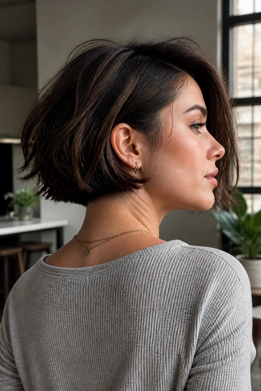 Close-up of a real woman with an undercut bob on thick hair