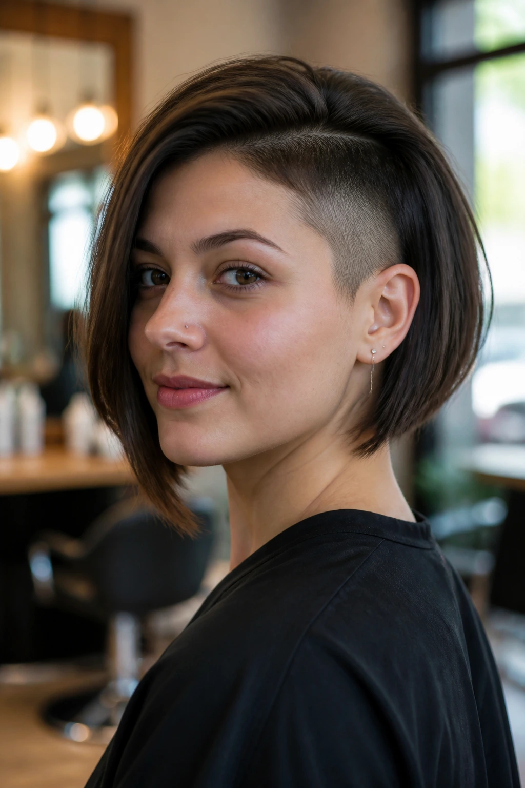 Close-up of a real woman with an undercut bob in a warm salon setting