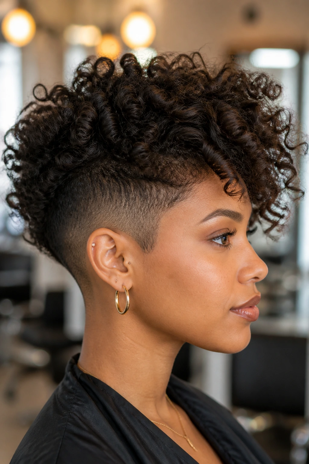 Close-up portrait of a real person with an undercut bob and top volume, visible shaved underside in a salon setting.