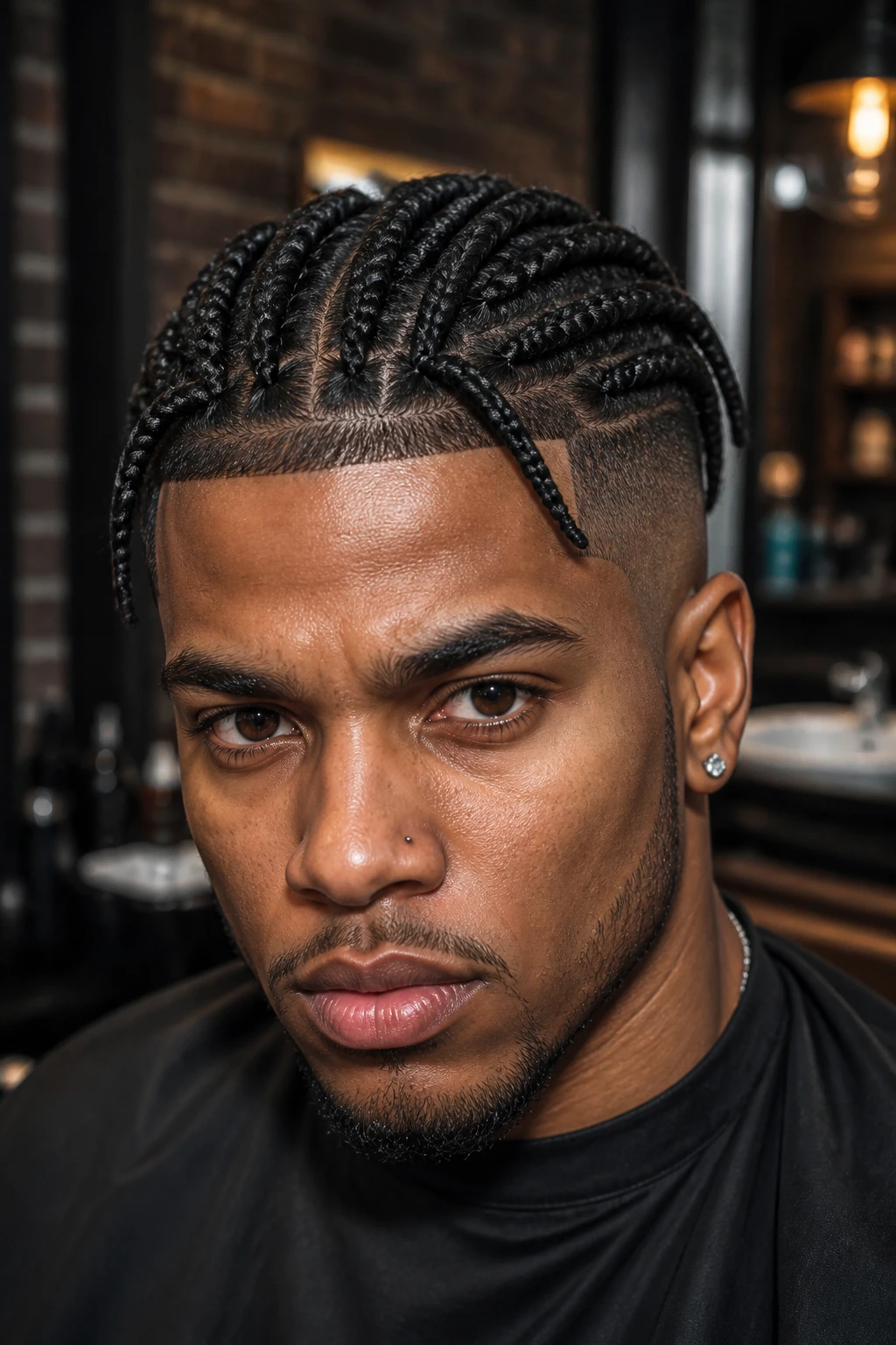 Real man with undercut box braids portrait in barber shop