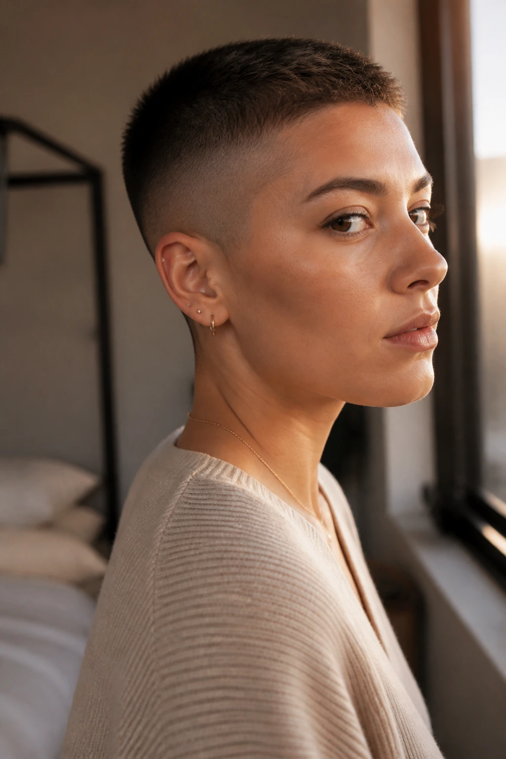 Close-up portrait of a woman with an undercut buzz cut, fuller top and sharp side disconnect
