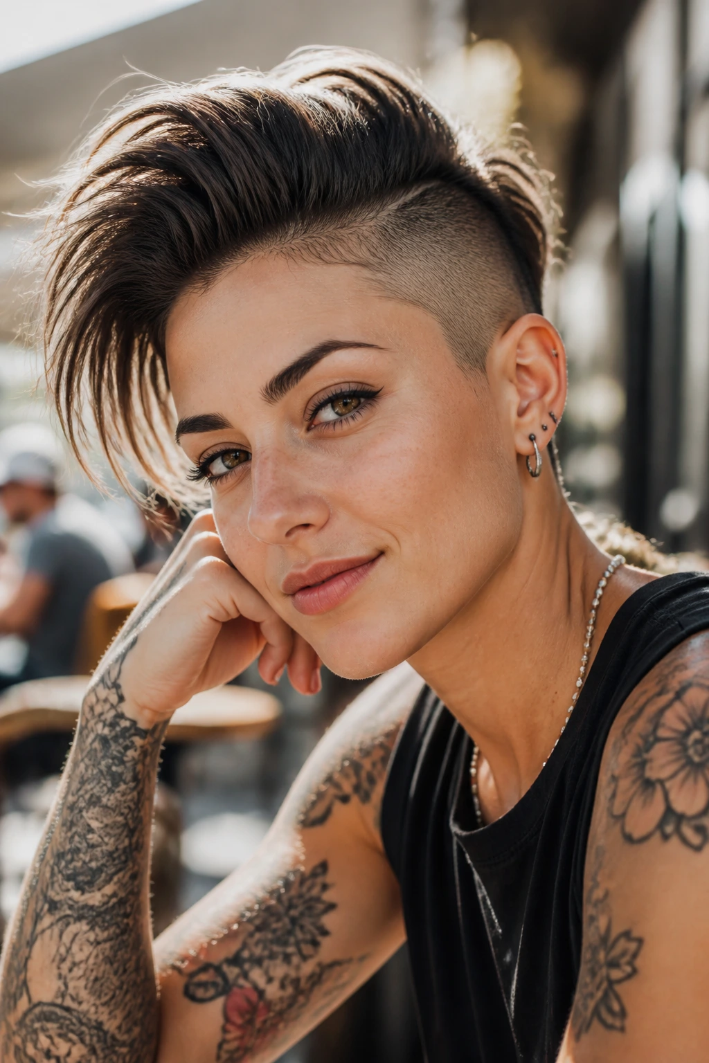Close-up of a person with buzzed sides and a long top hairstyle in a sunny outdoor setting
