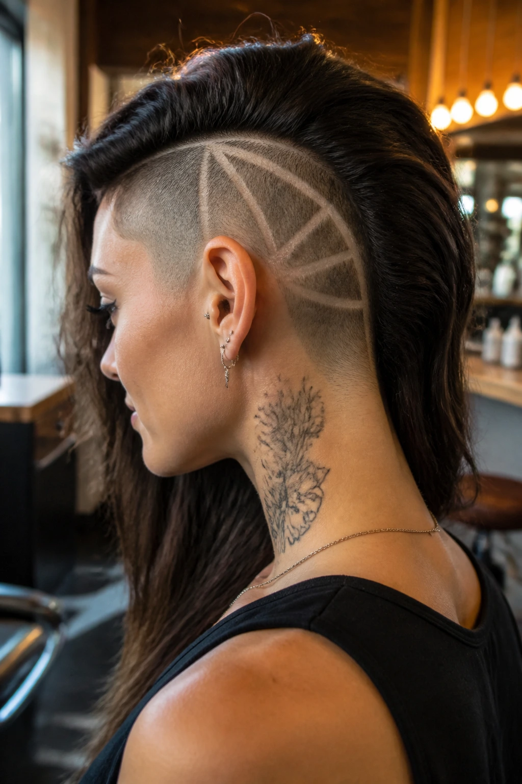 Close-up portrait of a woman showing a bold undercut canvas at the nape and sides with long top hair