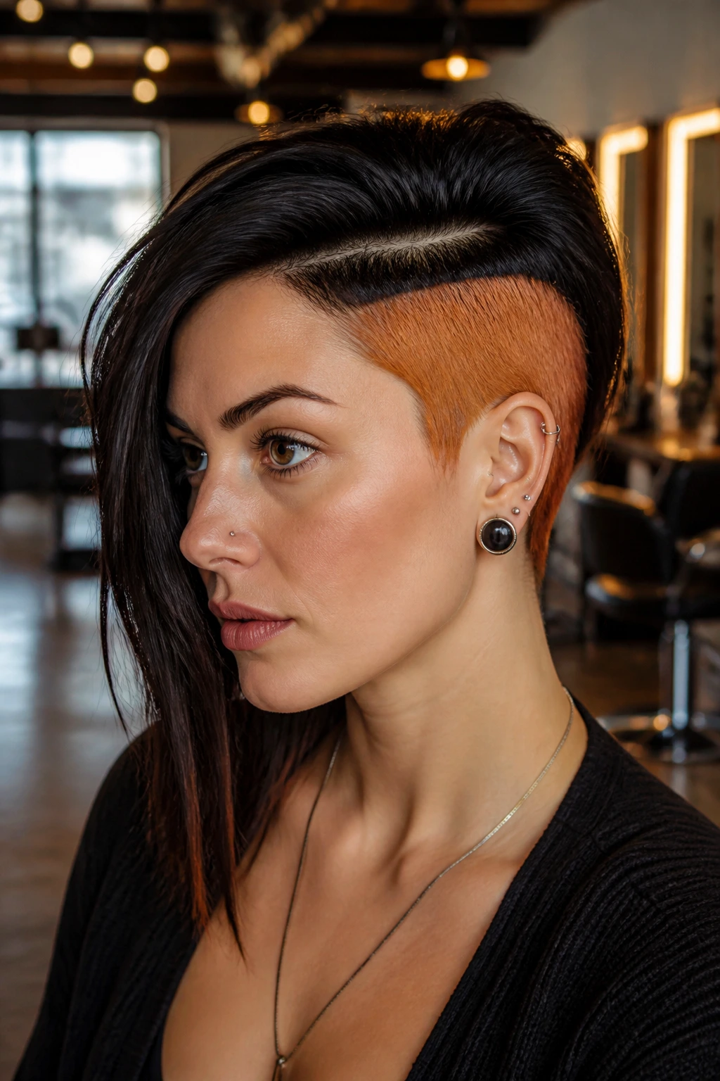 Close-up portrait of a woman with a copper color-blocked undercut visible on the shaved side