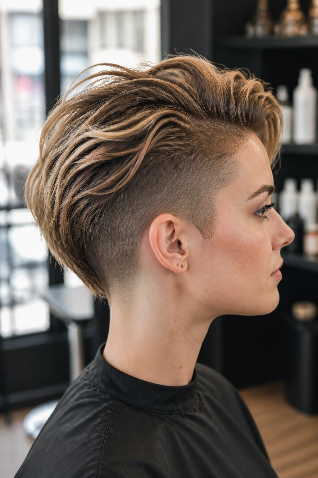 Close-up of a real person with an undercut at the nape and sides in a salon setting