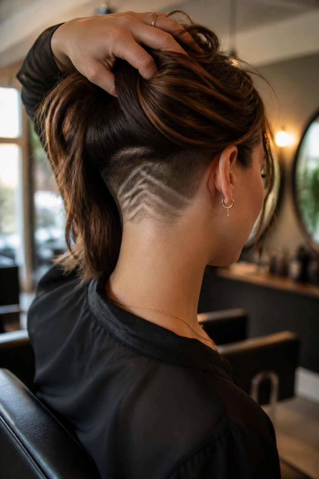 Portrait of a client in a salon discussing placement and guard length for an undercut, with hair showing hidden nape shave.