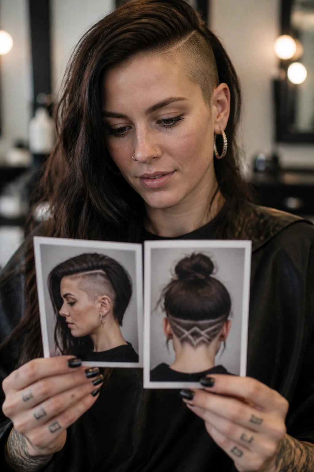Portrait of a client in a salon reviewing undercut reference photos for placement