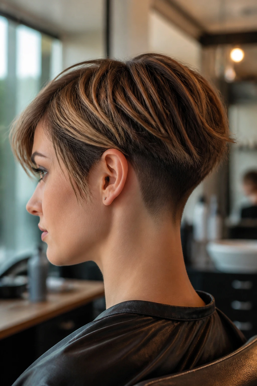 Portrait of a real person in a salon chair showing an undercut-ready haircut.
