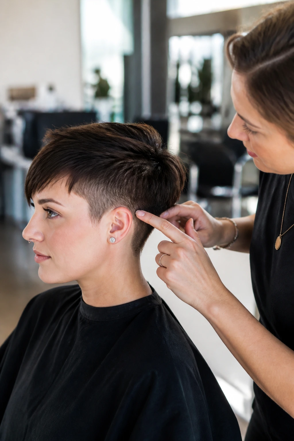 Medium close-up of client and stylist discussing haircut in salon
