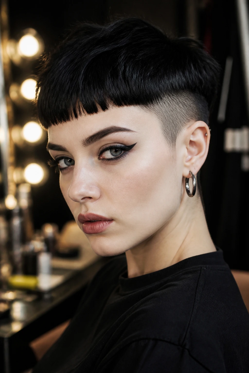 Close-up of a real person with an undercut crop and baby bangs under moody lighting