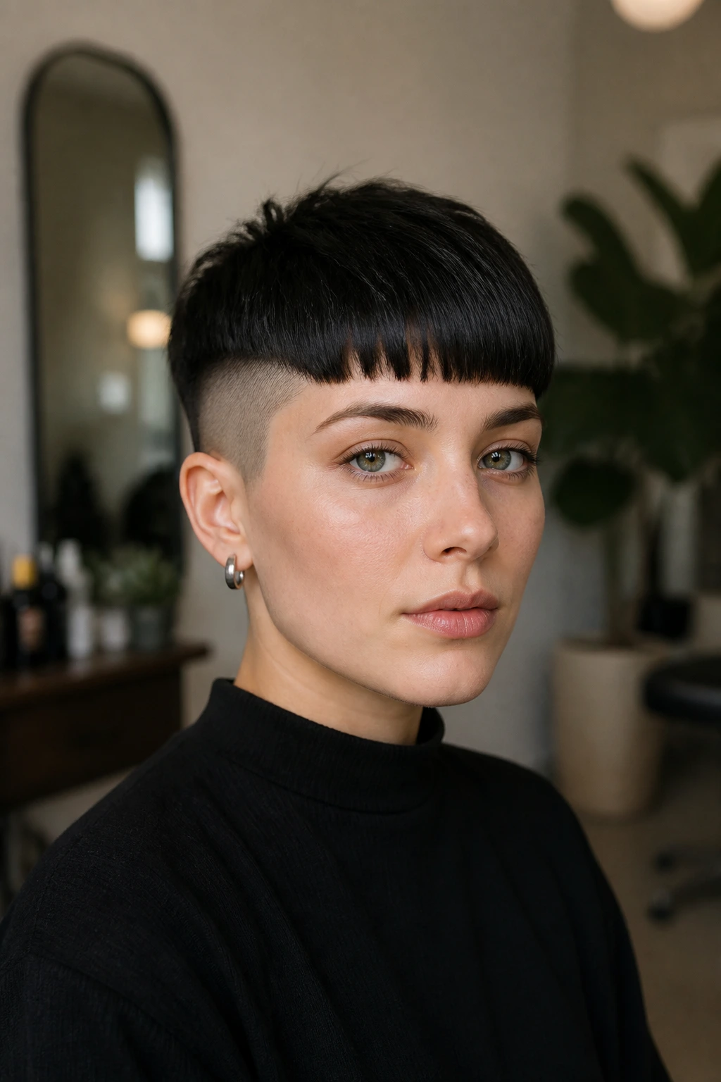 Portrait showing undercut crop with blunt fringe on a real person.
