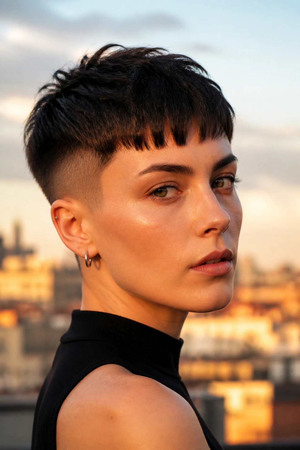 Close-up portrait of a real person with undercut crop and disconnected fringe