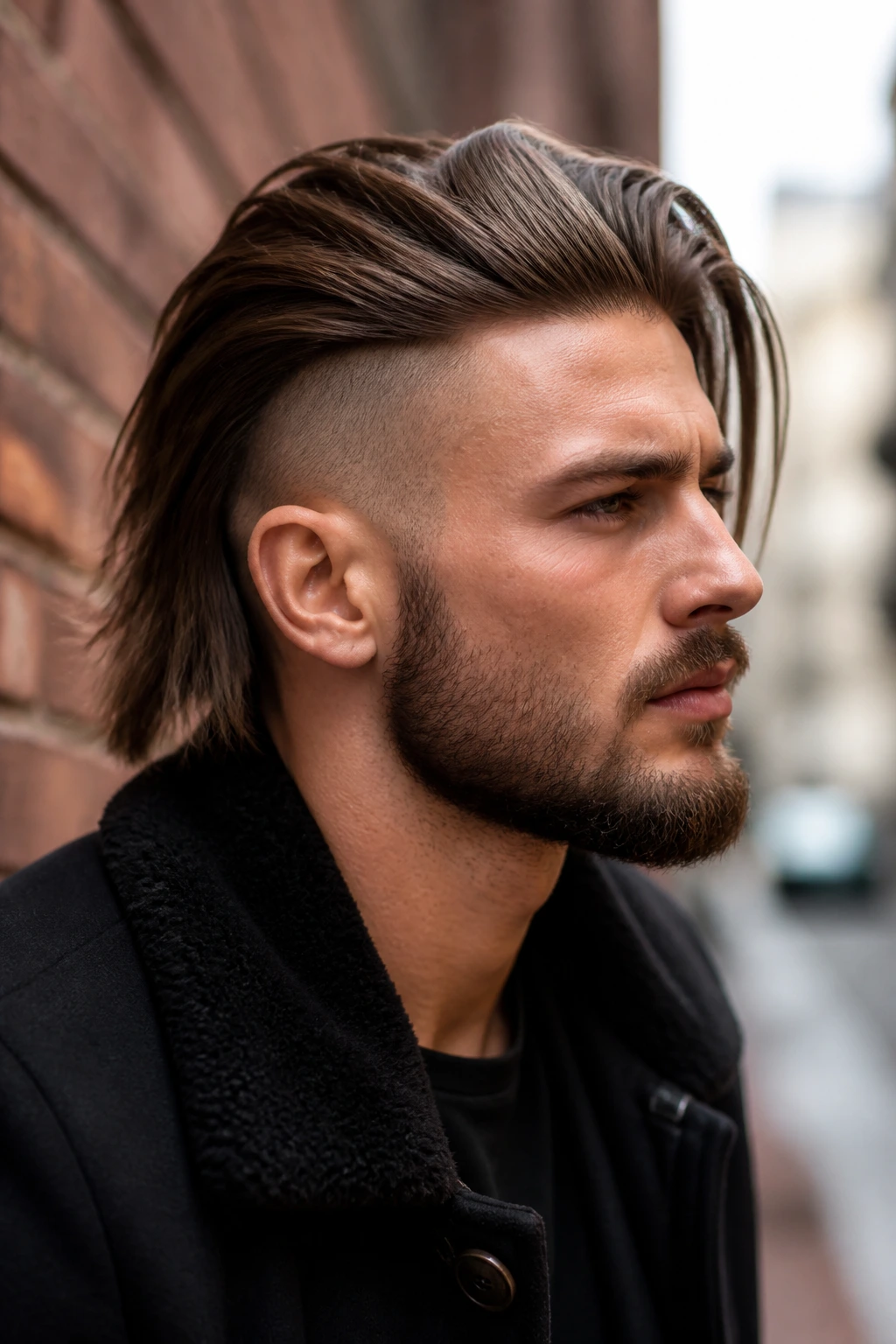 Close-up of a real man with an undercut and long flowing crown