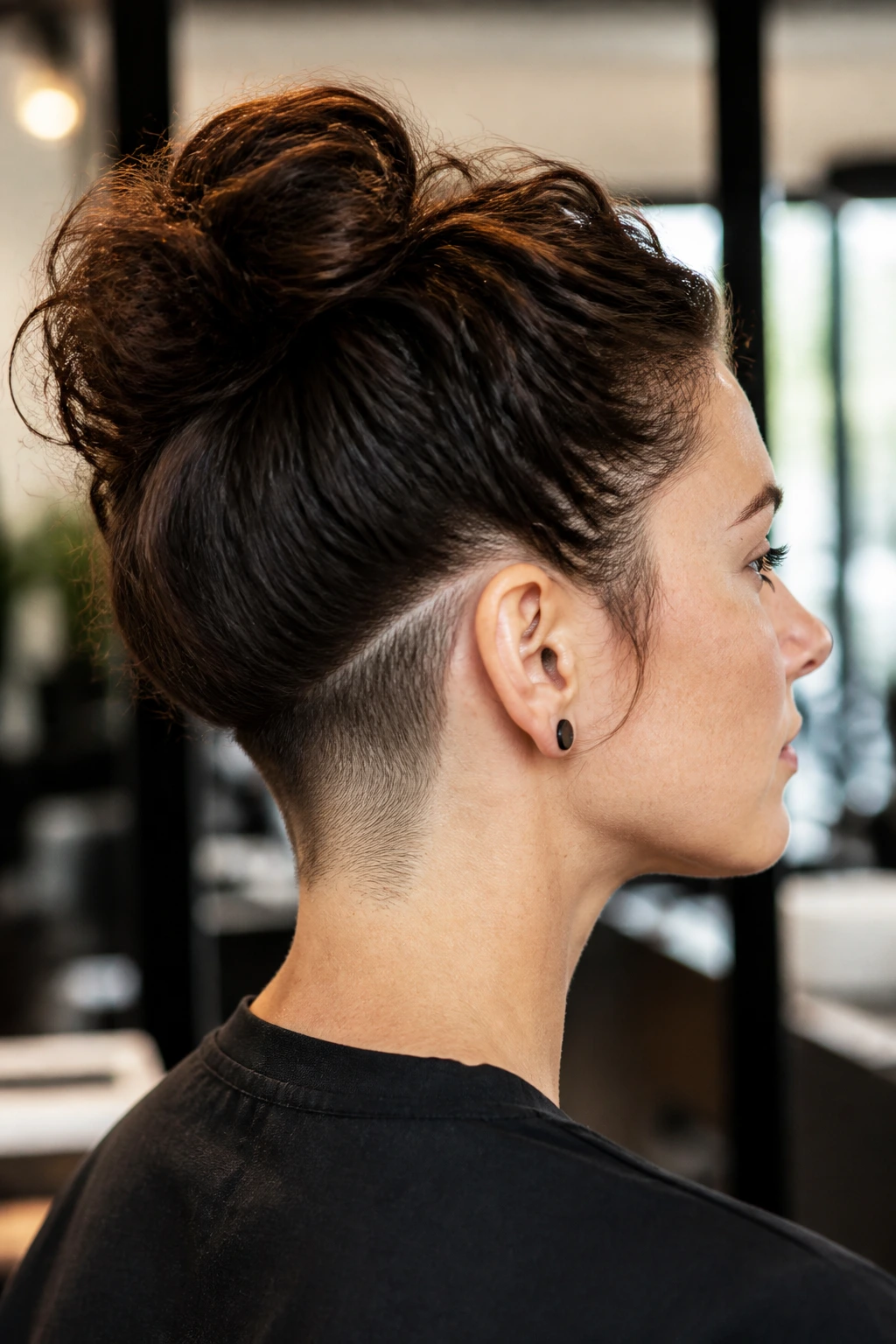 Close-up of real person with crown relief undercut on top of head