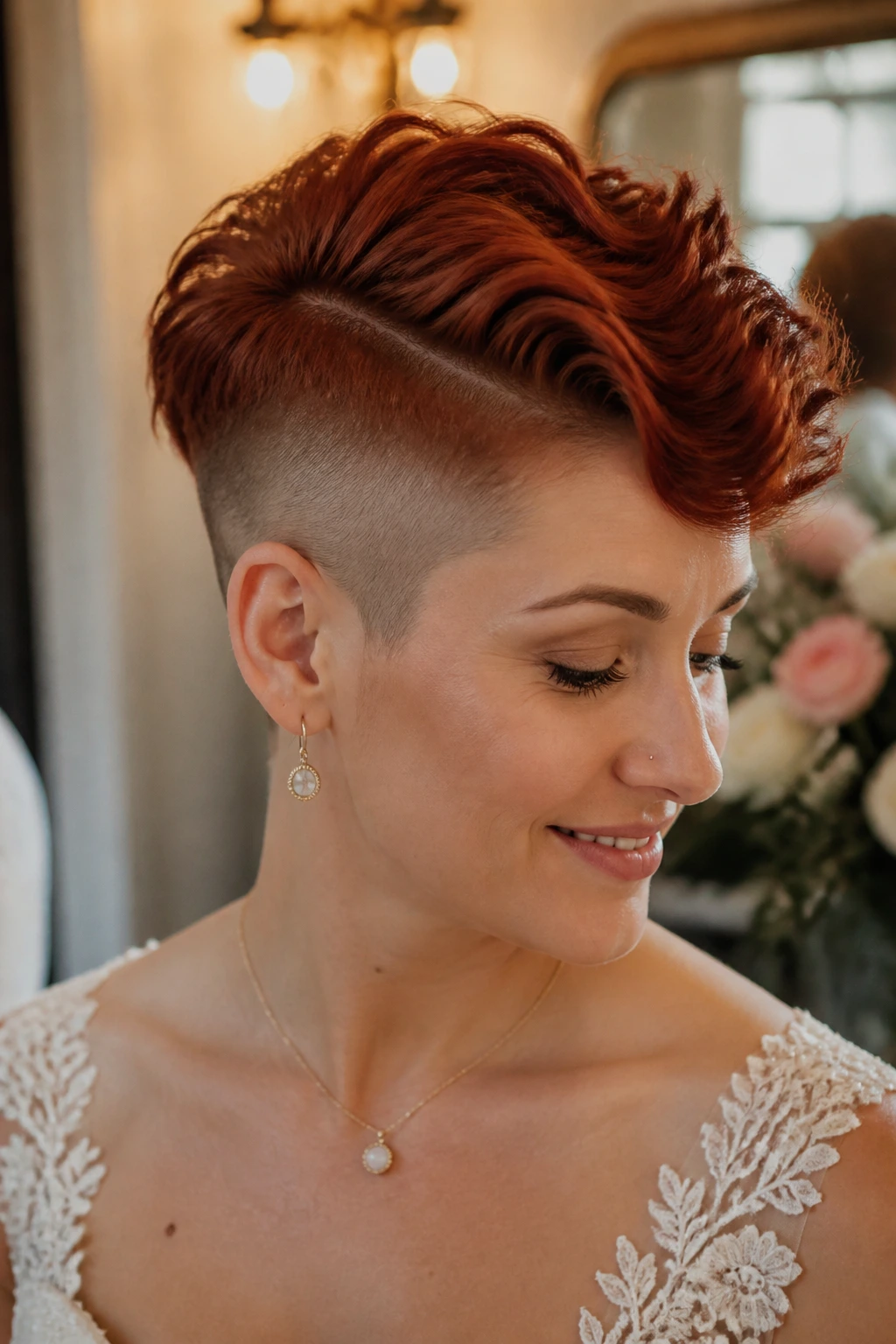 Close-up of a real woman with an undercut and crown wave on short red hair.