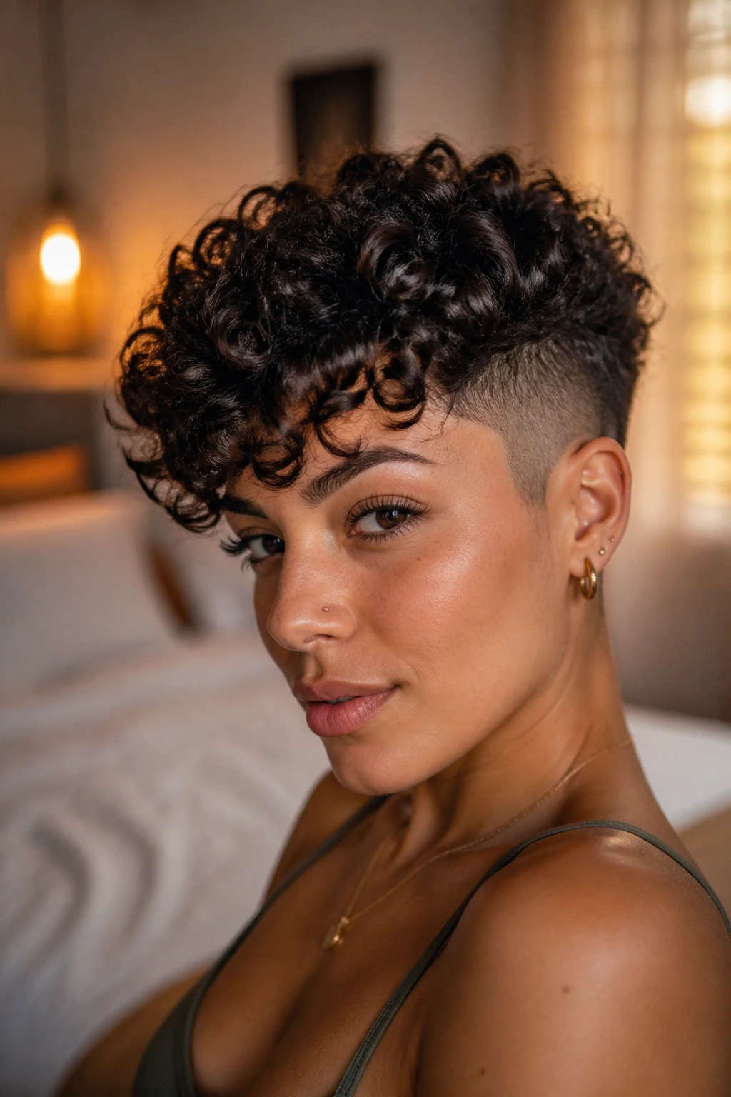 Close-up portrait of a real woman with an undercut curly pixie hairstyle under warm window light