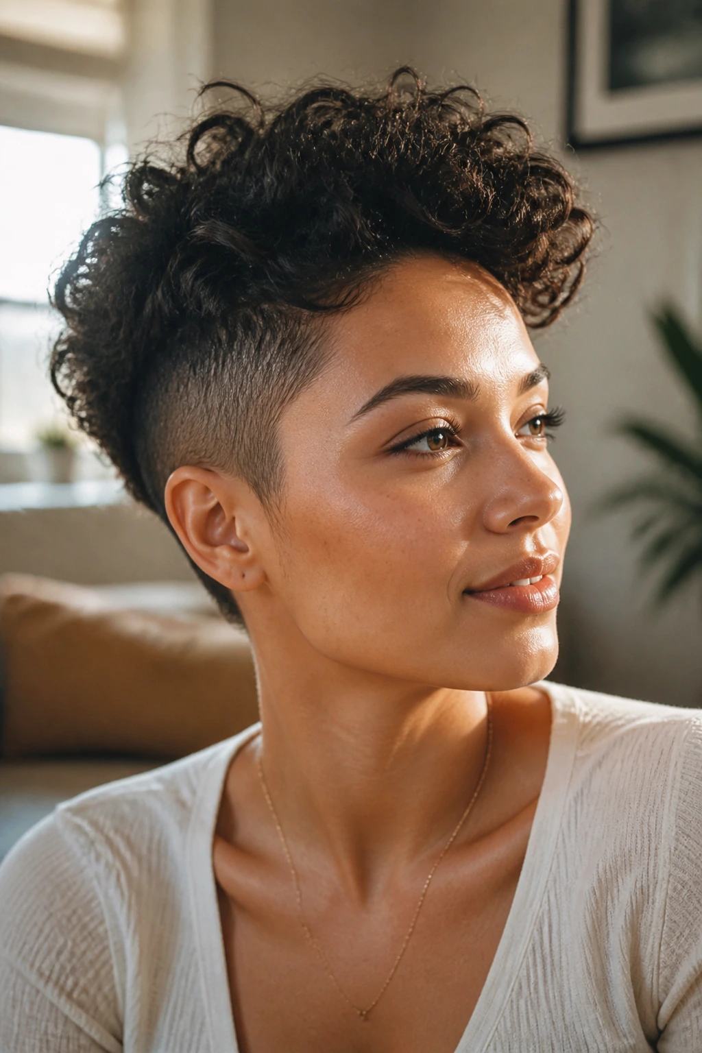 Real person with undercut variation showing longer top and curls in a bright living room