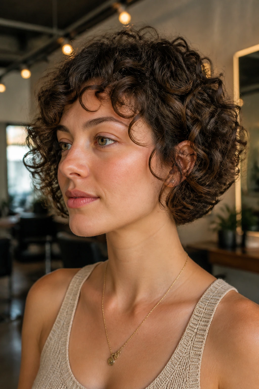 Portrait of a real woman wearing a hidden undercut curly bob with full top layer