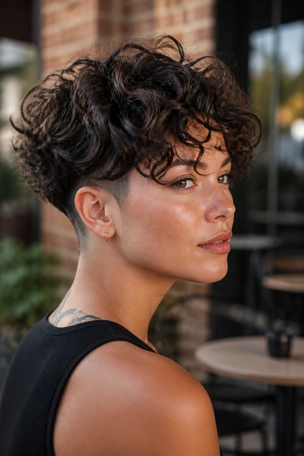 Three-quarter portrait of woman with undercut curly bob visible at nape