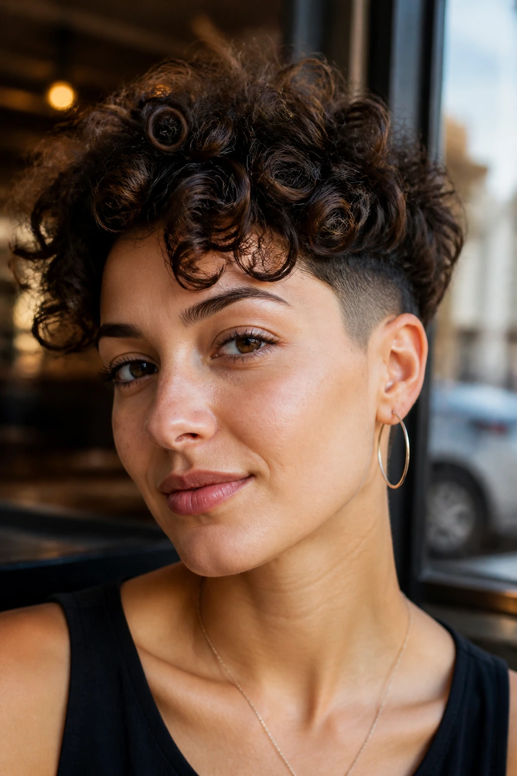 Close-up of a real woman with an undercut curly crop and lifted curls