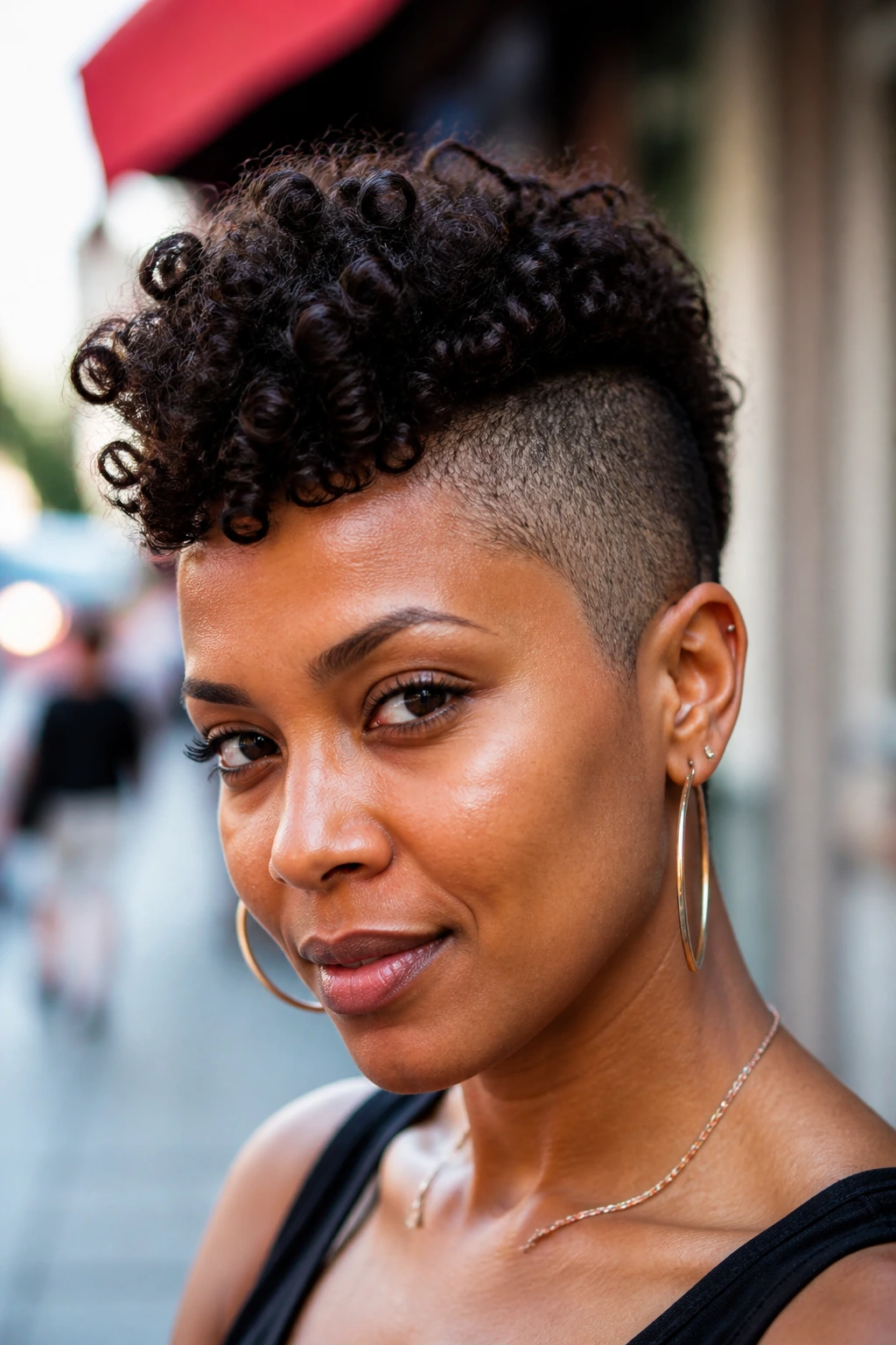 Close-up of a woman with an undercut curly hawk on a city street backdrop