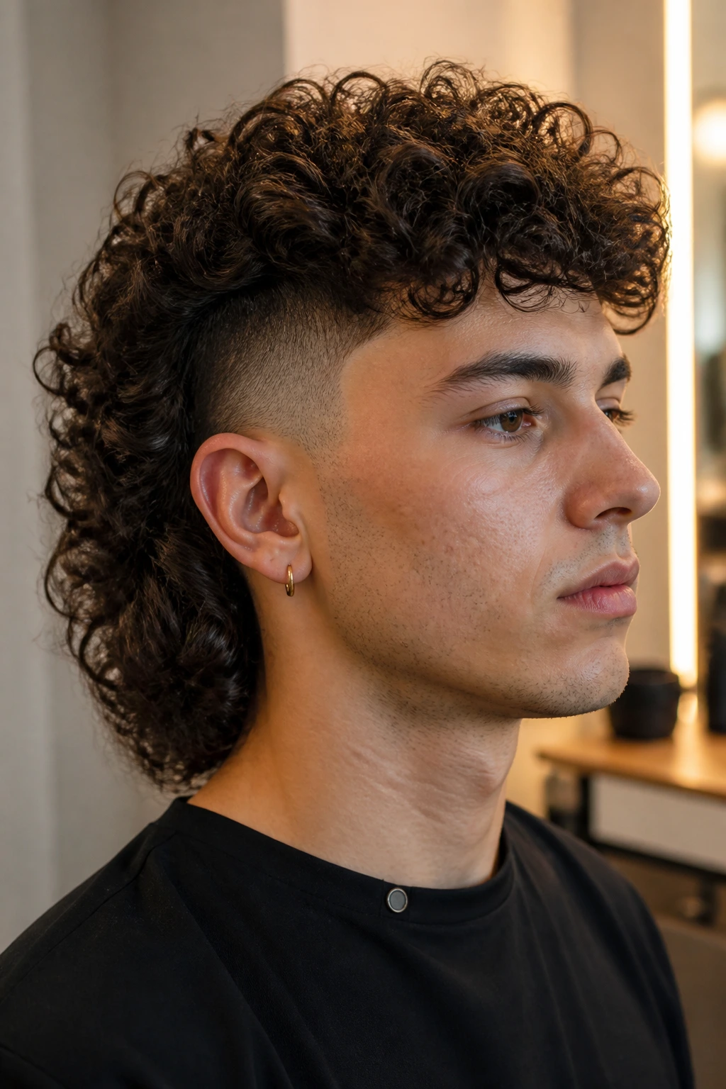 Real person with an undercut curly mullet showing long top and shaved sides