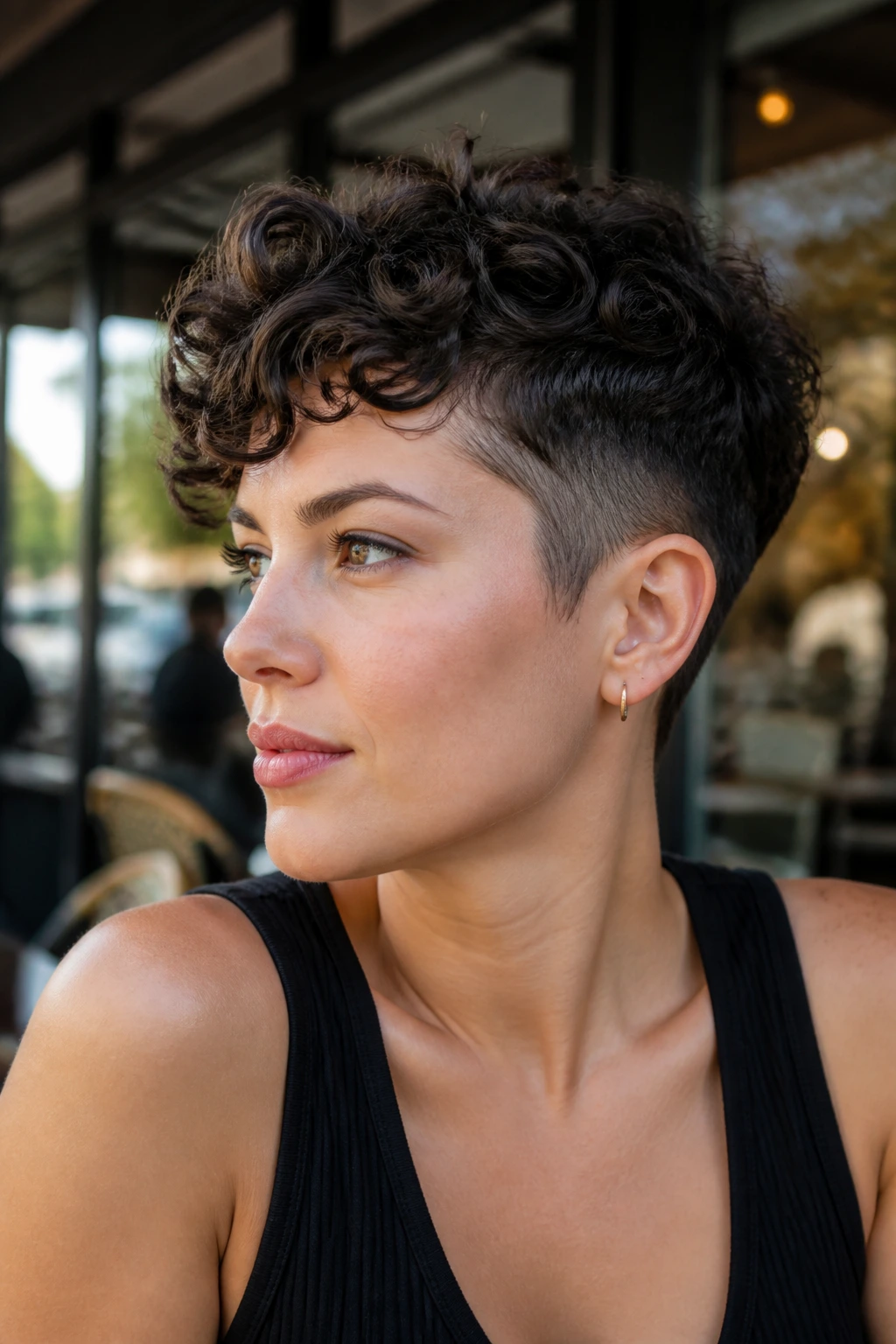 Close-up of a real woman with an undercut curly pixie in natural daylight