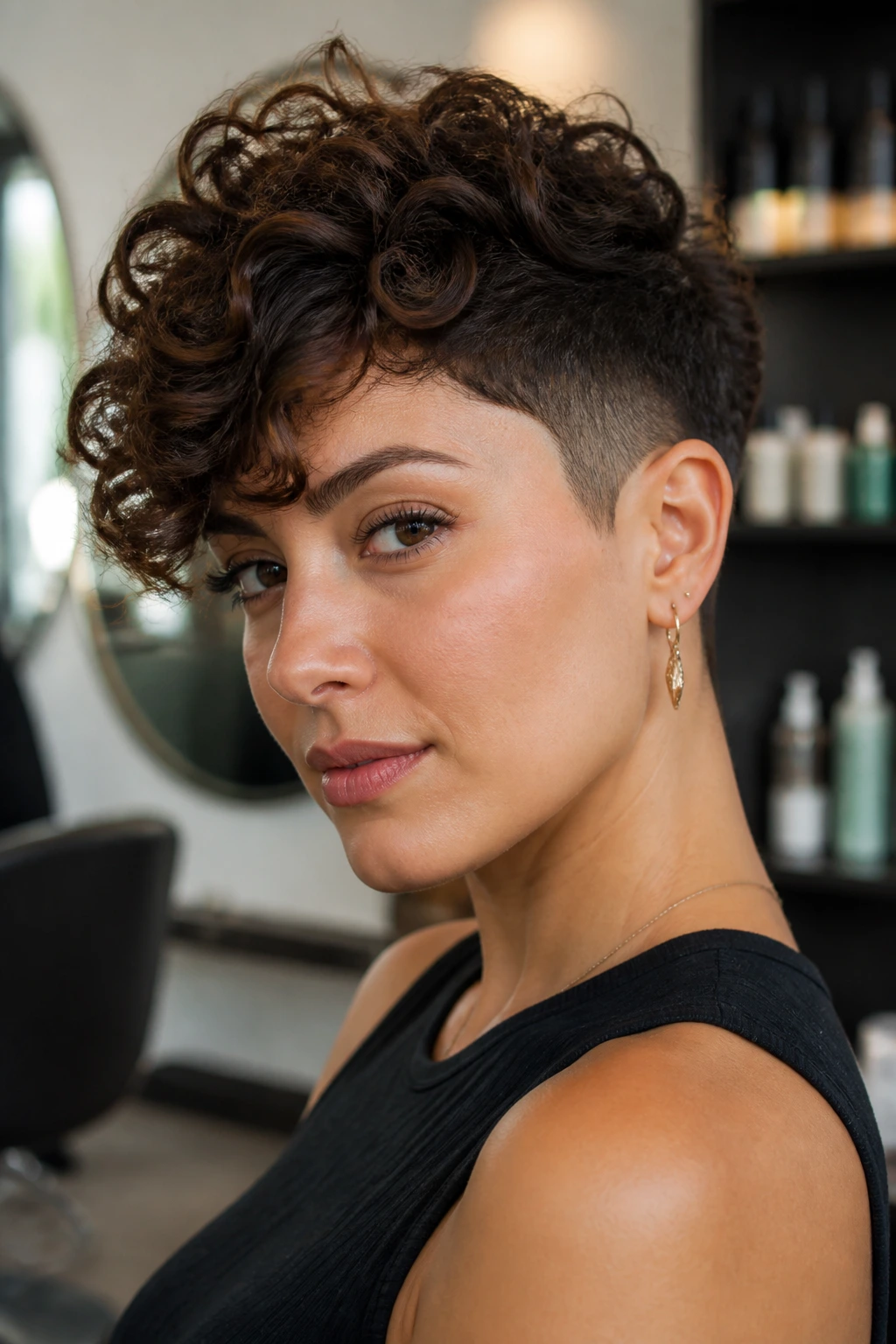 Three-quarter portrait of Undercut Curly Pixie hairstyle on a real woman